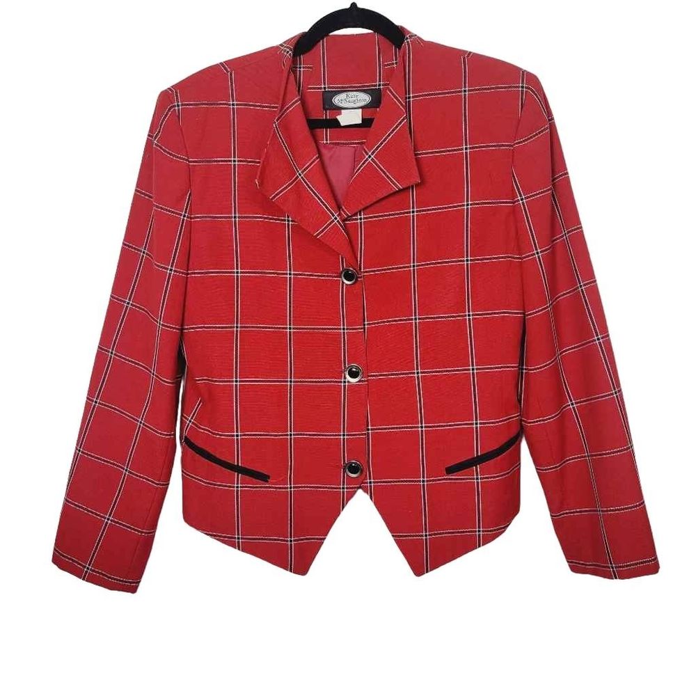 Vintage 90s Kate McNaughton Womens Red & Black Plaid Academia Blazer Jacket 14